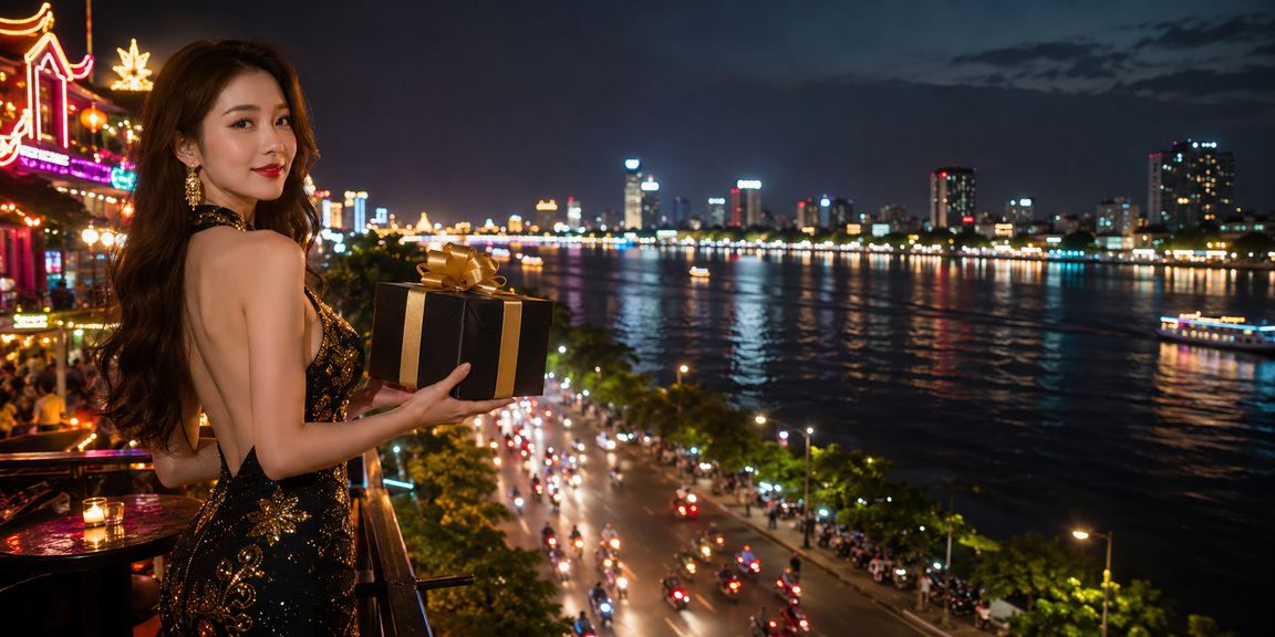 Cảnh đêm vùng Mekong với ánh đèn neon và giao dịch cá cược trực tuyến